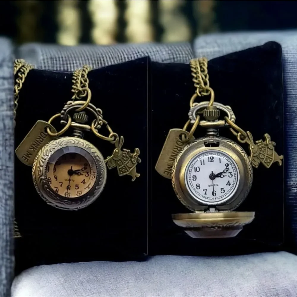 Alice In Wonderland Engraved Antique Bronze Quartz Pocket Watch Necklace Rabbit